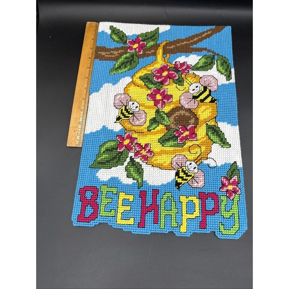 Plastic Canvas Spring Wall Decor Completed Beehive Bee Happy 12 X 18